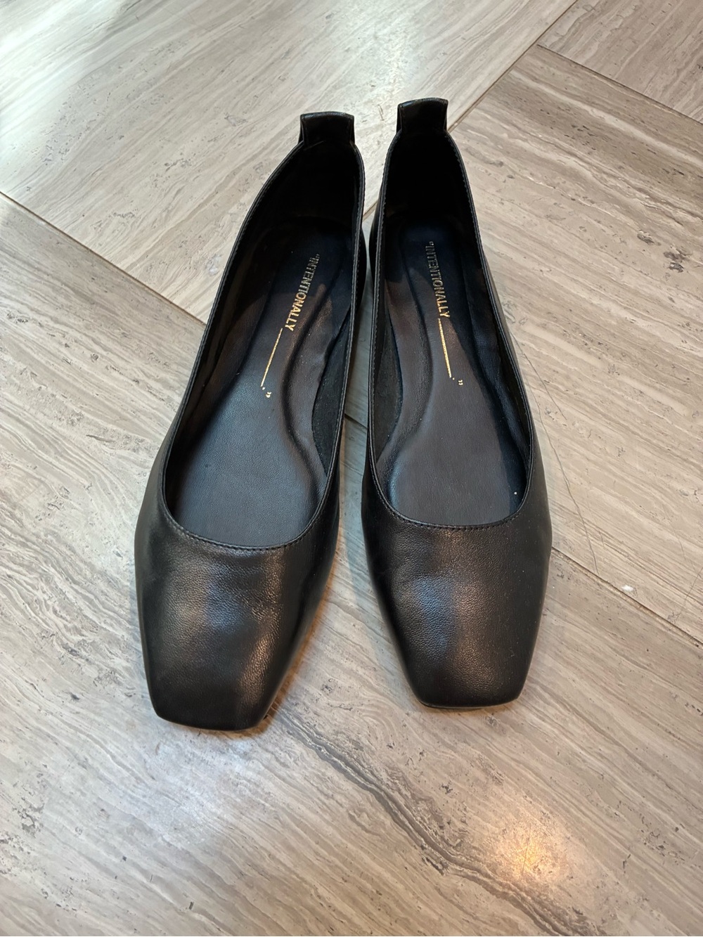 Intentionally Blank • Black Leather Square-Toe Ballet Flats